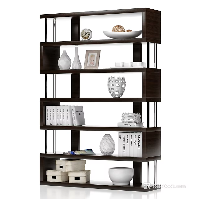 Modern Bookshelf Interior Design With Books Decorative Vases Photo Frame Bowl And Sculptures 3d model 