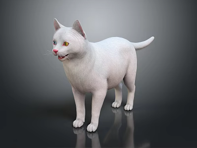 Realistic 3D White Cat With Yellow Eyes And Pink Nose On Shiny Surface 3d model