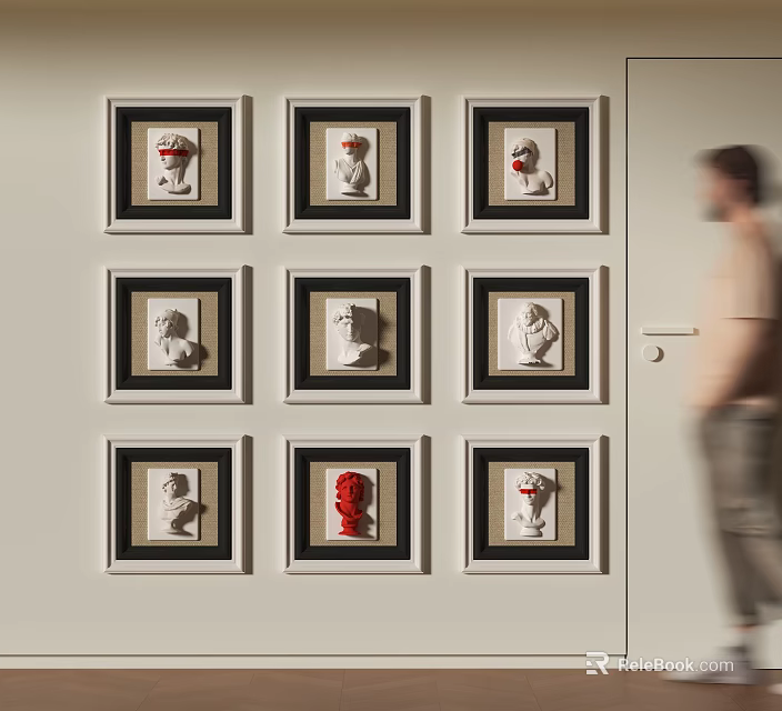 Gallery Wall Featuring Nine Framed Sculpture Heads In Different Colors With Person Walking By Indoor 3d model 