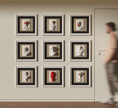 Gallery Wall Featuring Nine Framed Sculpture Heads In Different Colors With Person Walking By Indoor 3d model