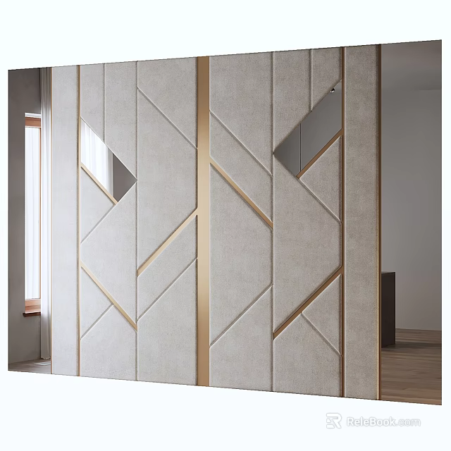 Modern Geometric Patterned Bedroom Accent Wall With Golden Lines And Glass Inserts 3d model 