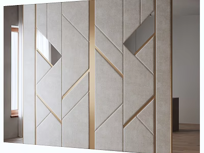 Modern Geometric Patterned Bedroom Accent Wall With Golden Lines And Glass Inserts 3d model