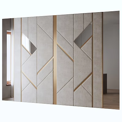 Modern Geometric Patterned Bedroom Accent Wall With Golden Lines And Glass Inserts 3d model