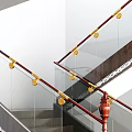 Elegant Staircase With Red Wooden Handrails Glass Balustrades Green Plant And Wooden Flooring