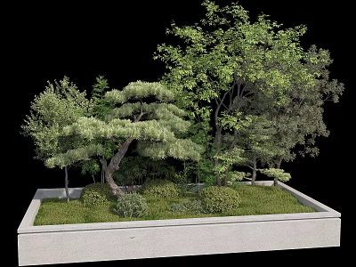 Tree Pit With Various Trees Low Shrubs And Green Grass Surrounded By Simple Concrete Border 3d model