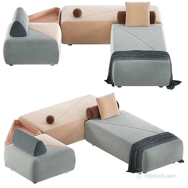 Modern Modular Sectional Sofa With Gray Beige Cushions And Throw Blanket 3d model 