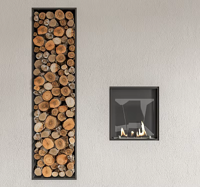 Built-in Black Fireplace with Burning Flames Next to Stacked Firewood Logs on Light Gray Wall 3d model