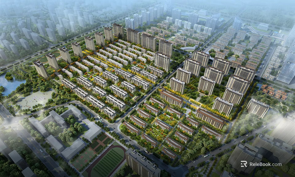 Aerial View Planning of Modern Residential District With Building Layout Roads And Green Spaces 3d model 