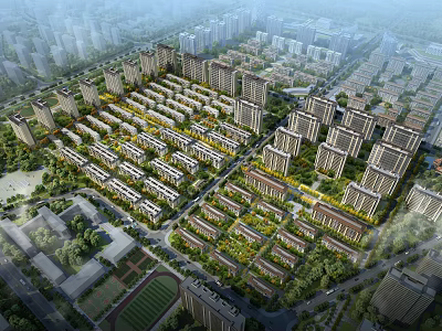 Aerial View Planning of Modern Residential District With Building Layout Roads And Green Spaces 3d model