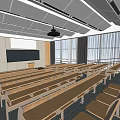 School Classroom Interior With Long Desks Blackboard Projector Large Windows And Curtains 3d model