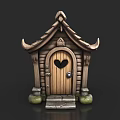 Wooden House With Tiled Roof Horn Shaped Eaves Heart Shaped Door And Stone Steps