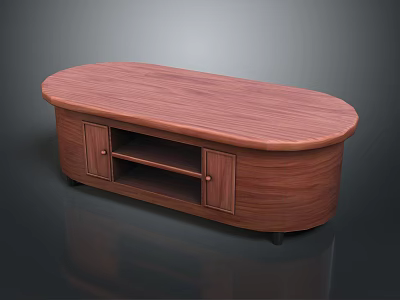 Wooden Oval Top Coffee Table With Cabinet Doors And Open Shelf Design 3d model