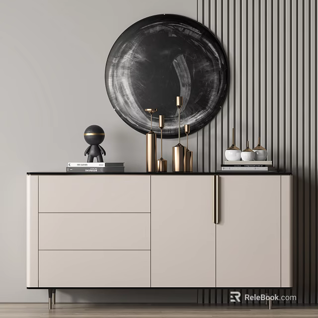 Stylish Entryway Side Cabinet With Light Colored Finish Golden Decor And Round Wall Art 3d model 