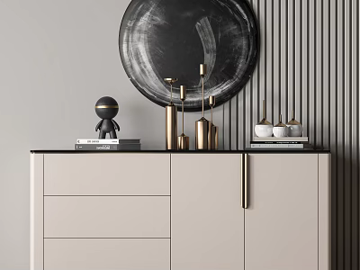 Stylish Entryway Side Cabinet With Light Colored Finish Golden Decor And Round Wall Art 3d model