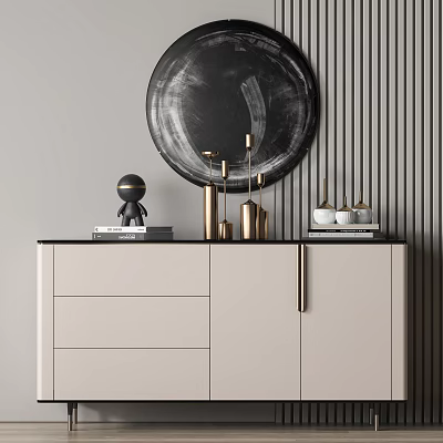 Stylish Entryway Side Cabinet With Light Colored Finish Golden Decor And Round Wall Art 3d model