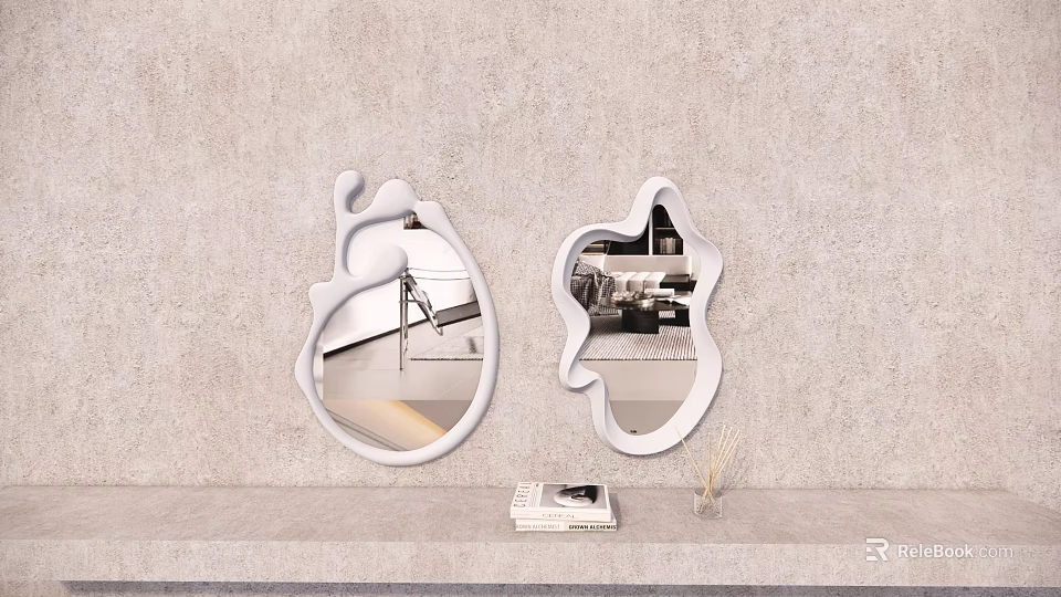 Two Irregular Shaped White Mirrors On Beige Textured Wall With Books And Decor 3d model 