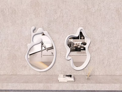 Two Irregular Shaped White Mirrors On Beige Textured Wall With Books And Decor 3d model