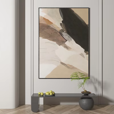 Abstract Painting With Neutral Tones Soft Brushstrokes And Green Plant In Living Room 3d model