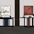 Modern Chinese Console Tables With Potted Plant Tea Set And Circular Red Plum Paintings