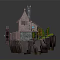 Scenic Floating Island Landscape Featuring Wooden House Red Roof Windmill And Green Trees