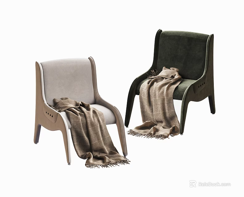 Two Modern Accent Chairs in Light Gray and Dark Green with Brown Blankets 3d model 
