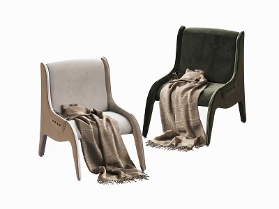 Two Modern Accent Chairs in Light Gray and Dark Green with Brown Blankets 3d model
