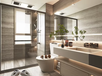 Modern Bathroom Interior Design With Marble Walls Glass Shower Large Mirror And Green Plants 3d model