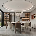 Modern Open Concept Restaurant Interior With Circular Ceiling Chandelier Dining Table Chairs And Large Windows 3d model