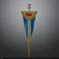 Yellow And Blue Pennant With Red Emblem Silver Ornament And Yellow Pole