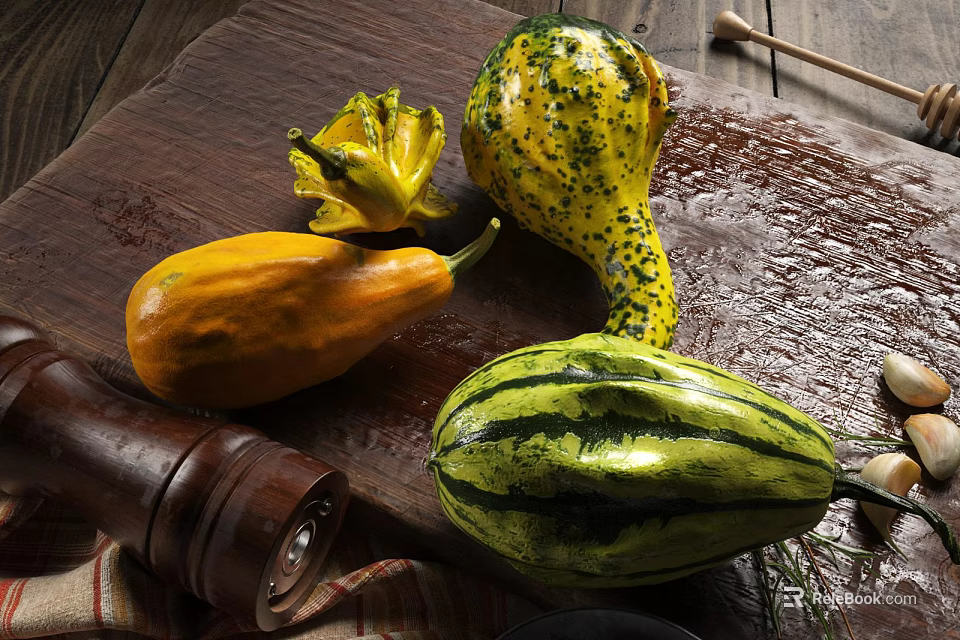 Yellow and Green Speckled Squash on Wooden Cutting Board with Pepper Grinder and Garlic 3d model 