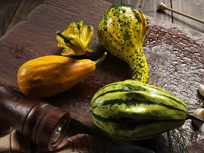 Yellow and Green Speckled Squash on Wooden Cutting Board with Pepper Grinder and Garlic 3d model