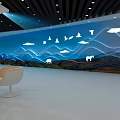Modern Car Showroom With White Cars Mountain Mural Grassland And Flowers