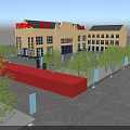 Modern Visitor Center Building with Yellow Exterior Red Signage and Surrounding Greenery Parking Lot