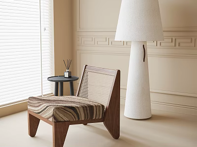 Living Room Floor Lamp With Beige Walls Window Blinds Wicker Seat Chair And Small Table 3d model