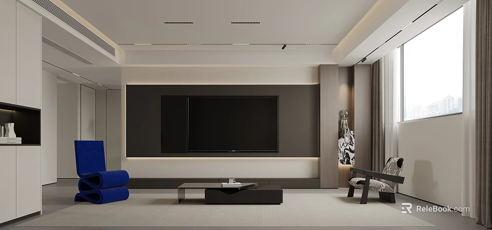 Modern Living Room Interior Design With TV Wall Blue Sofa And Coffee Table 3d model 