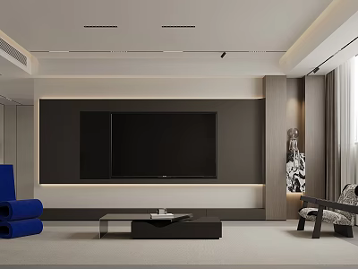 Modern Living Room Interior Design With TV Wall Blue Sofa And Coffee Table 3d model