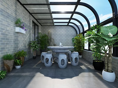 Spacious Villa Balcony With Glass Roof Brick Walls Green Plants And Stone Table Stools 3d model