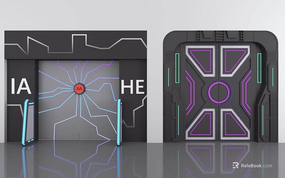 Futuristic Double Doors Design With Purple Blue Lines Pink Patterns And Circular Elements 3d model 