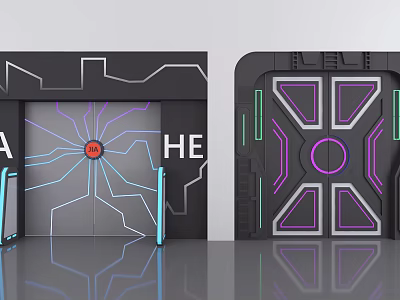 Futuristic Double Doors Design With Purple Blue Lines Pink Patterns And Circular Elements 3d model