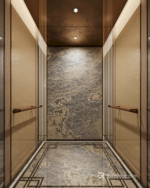 Elevator Interior Design With Luxurious Marble Wall Decorative Texture And Wooden Handrails 3d model