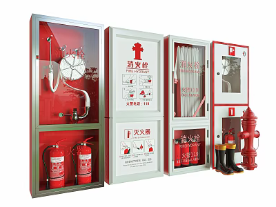 Complete Fire Safety Equipment Set With Fire Extinguishers Cabinets Hoses And Hydrants 3d model