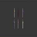Decorative Swords Display With Colored Blades And Ornate Hilt Details