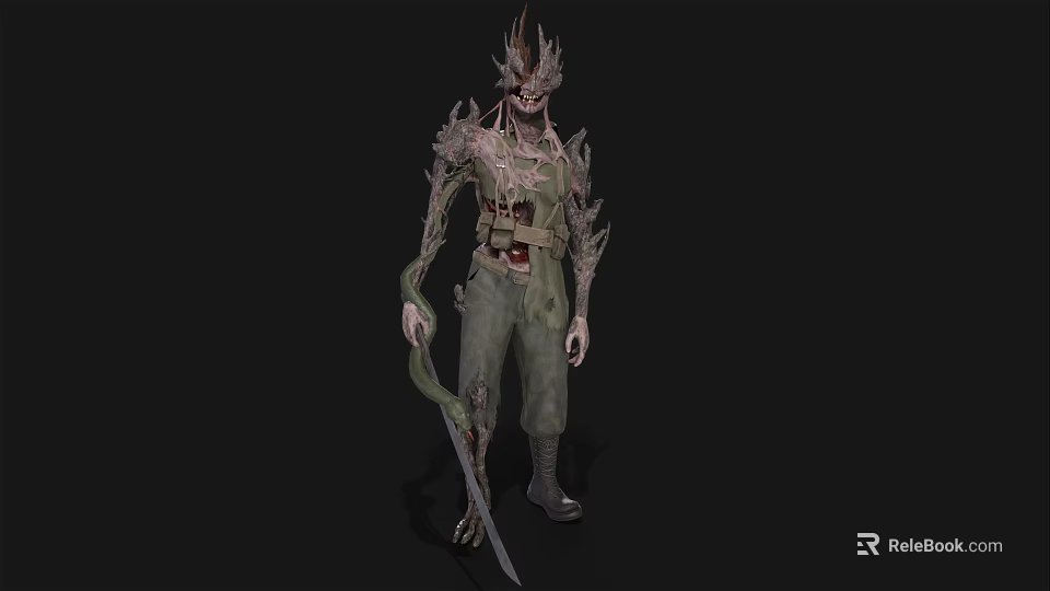 Dark Fantasy Game Movie Character With Spiked Head Thorny Body And Tattered Clothing Holding Dagger 3d model 