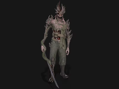 Dark Fantasy Game Movie Character With Spiked Head Thorny Body And Tattered Clothing Holding Dagger 3d model