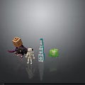 Skeleton Character And Black Wolf Creature With Orange Tentacled Block Blue Tower And Green Cube
