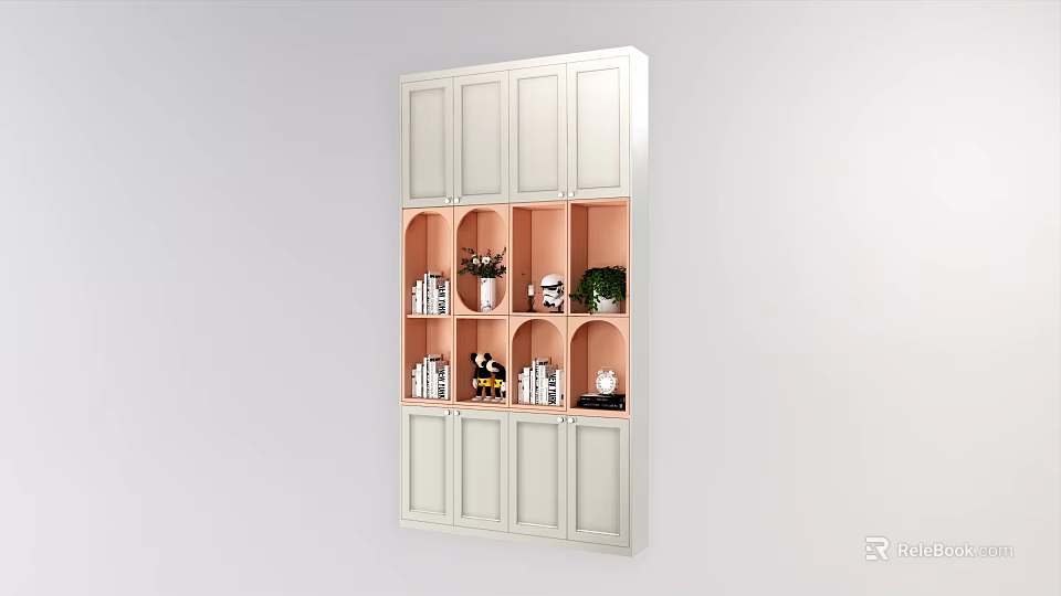 Modern White Bookshelf With Open Pink Shelves Books Plants And Decorations 3d model 