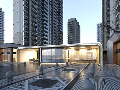 Modern Entrance Gate With Glass Facade Lighting And Geometric Plaza Design 3d model