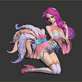 Fantasy Game Female Character With Pink Hair And Decorative Ribbons In Kneeling Pose