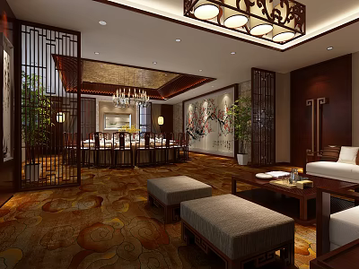 Traditional Chinese Private Dining Room With Round Table Carved Screens Chandeliers And Patterned Carpet 3d model