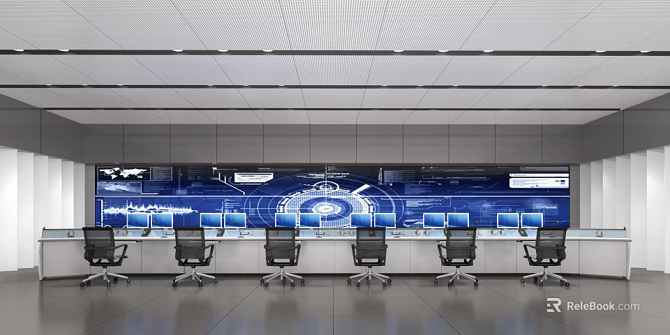 Modern Monitoring Room With Multiple Screens Control Desks And Chairs 3d model 